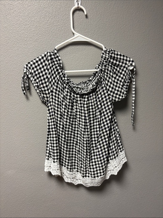 Crave Fame Tops - Crave Fame Black and White Gingham Off-Shoulder Top with Lace Hem